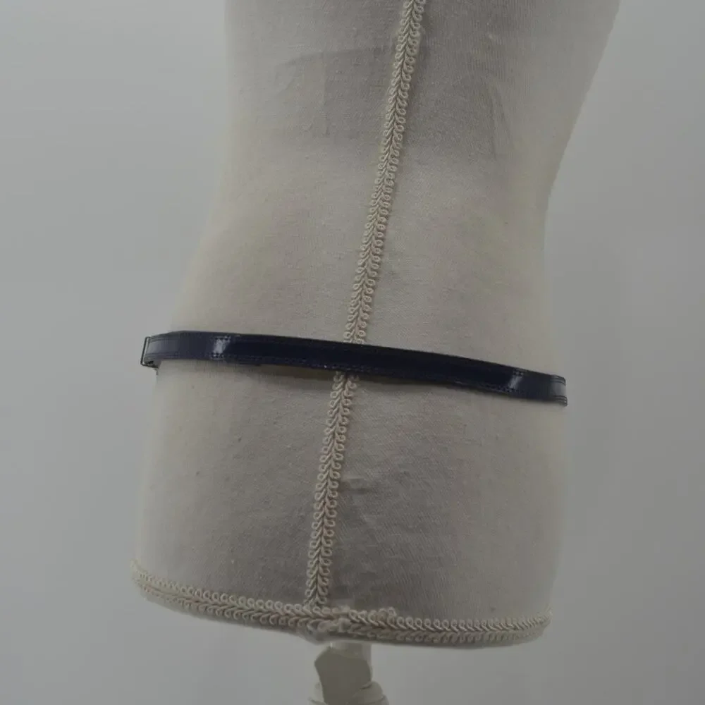 Navy Blue Skinny Dress Belt Faux Leather Minimalist Large